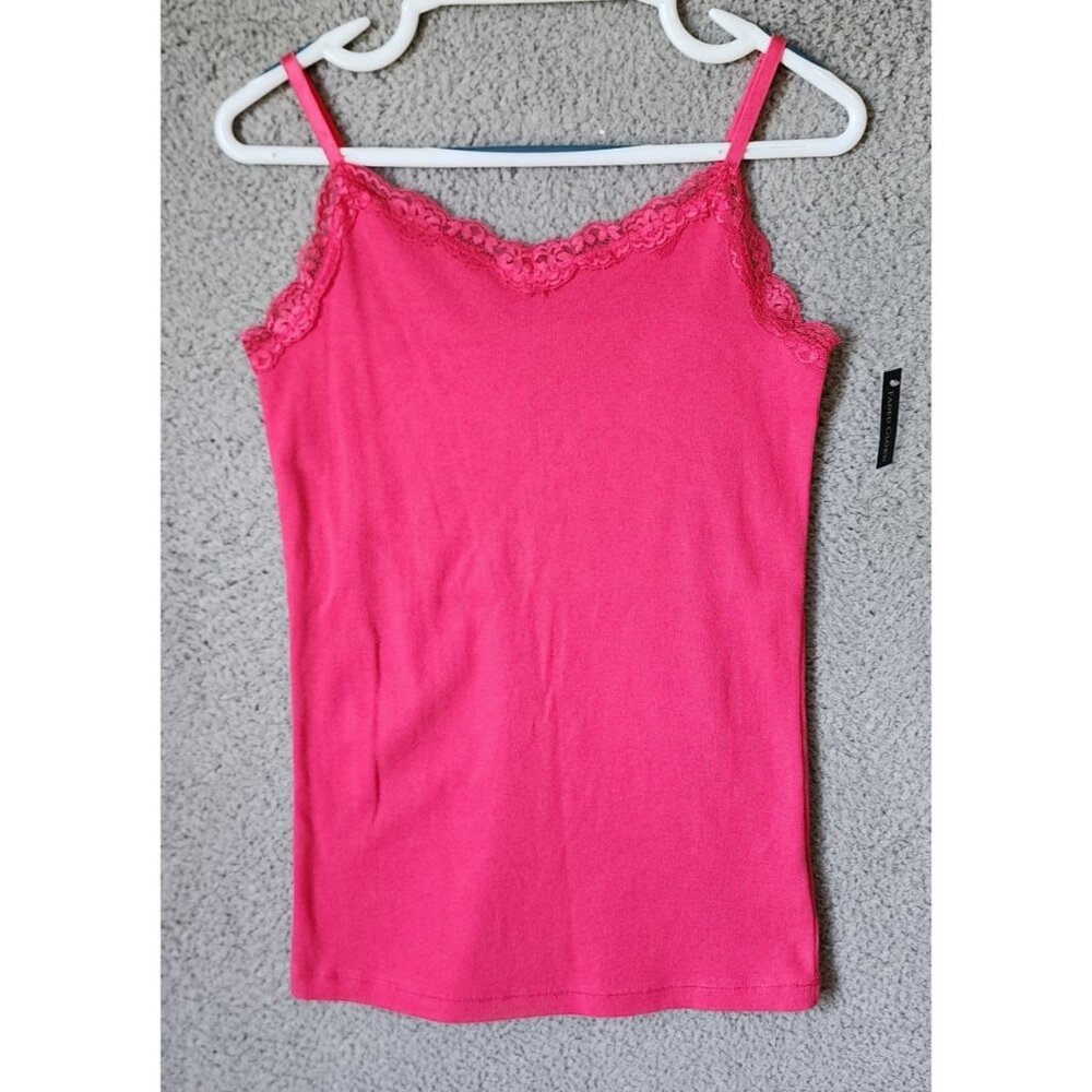Faded Glory Womens Sleeveless Tank Top Camisole Ribbed Lace Trim Layering Pink L